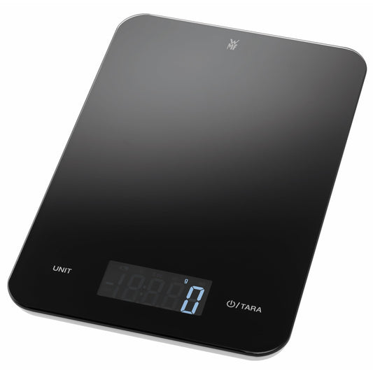 WMF Digital Kitchen Scale black 23 x 15 x 2 cm, baking scale, household scale, digital kitchen scale, safety glass, precise to the gram, tare function, 5kg maximum weight, black