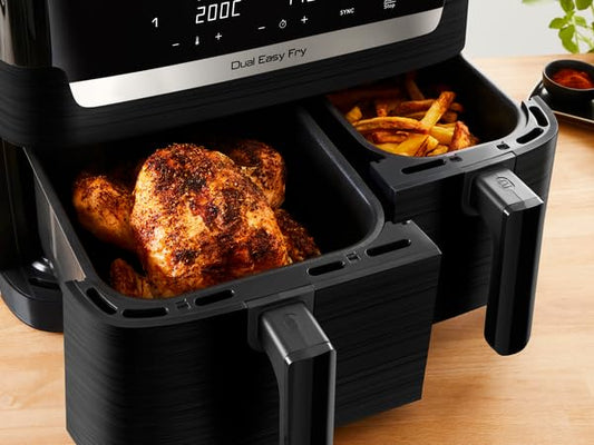 Tefal Dual Easy Fry hot air fryer with two chambers, 5.2/3.1 L capacity, two independent drawers, 7 automatic programs, energy-saving, black, EY9018.