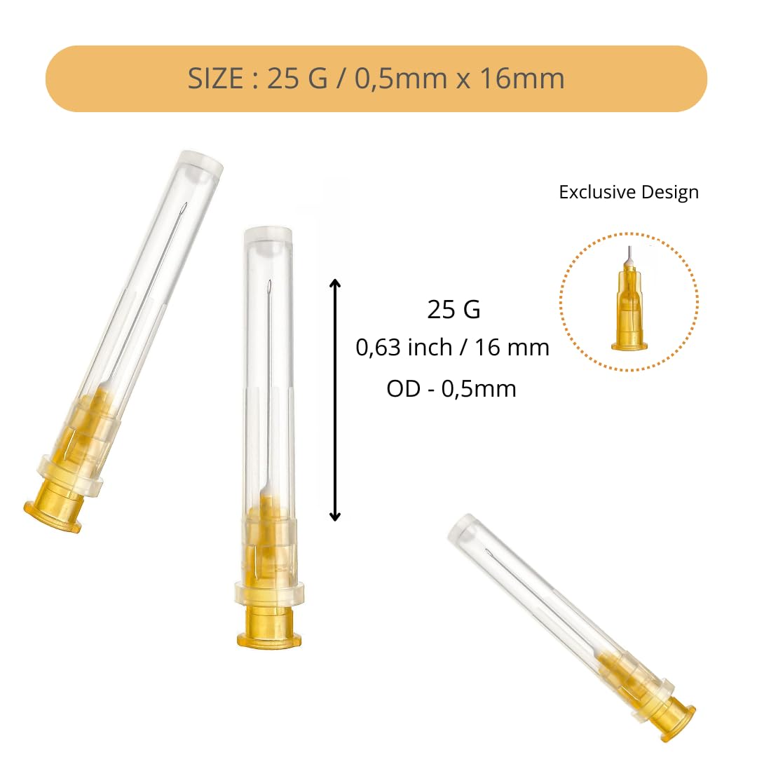 100 pieces of 25G x 5/8" (16mm) stainless steel dispensing tubes, different sizes: 18G/20G/21G/22G/23G/25G/26G/27G/30G, individually packaged, refill tubes for industrial, scientific laboratories, for hobby and home use.