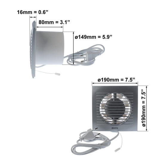 EUROPLAST Ø 150mm wall fan ventilator exhaust cable switch fan kitchen bathroom with plug, color - silver.
