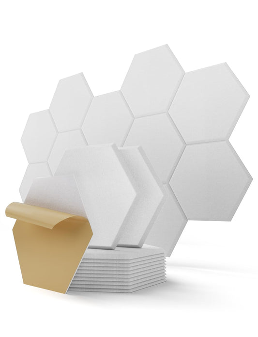 Hexagon Acoustic Panels Self-Adhesive, 12 Pieces Sound Absorbers for Recording Studio, Living Room, Gaming Decor, Nursery, Office, Wall, Ceiling, Doors Acoustic Panels White, 30 x 26 x 0.9cm