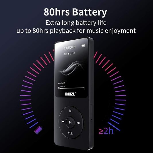 64GB MP3 player with Bluetooth 5.3, ultralight (30g), up to 80 hours of battery life, 1.8-inch screen, great for sports, kids, and adults, supports TF cards up to 128GB.