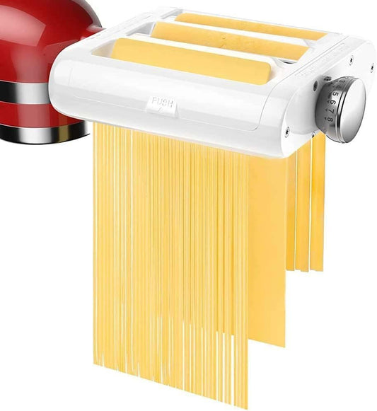 Pasta attachment for KitchenAid stand mixers. 3-in-1 set includes pasta roller, spaghetti cutter, and fettuccine cutter. Perfect accessory for making homemade pasta.