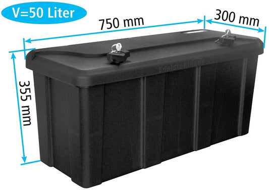 DAKEN Blackit L - 750 x 300 x 355 mm, drawbar box with 2 locks, toolbox for trailer storage box 50 L (with universal holder)