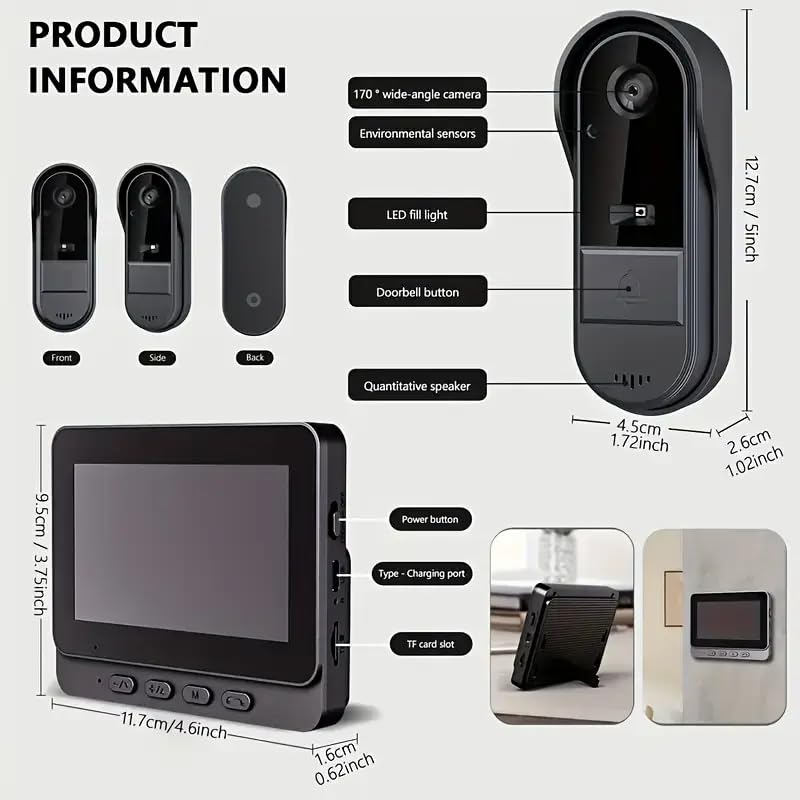 Wireless video doorbell with camera outdoor IP65 waterproof 1080P wireless doorbell 4.3 inch IPS screen doorbell 170° HD camera intercom infrared night vision two-way audio.
