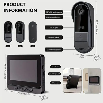 Wireless video doorbell with camera outdoor IP65 waterproof 1080P wireless doorbell 4.3 inch IPS screen doorbell 170° HD camera intercom infrared night vision two-way audio.