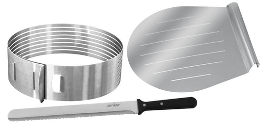 Zenker 7705 Patisserie Cake Base Cutting Aid Set - Includes pastry knife & cake lifter, stainless steel, Ø26/28 cm, Silver