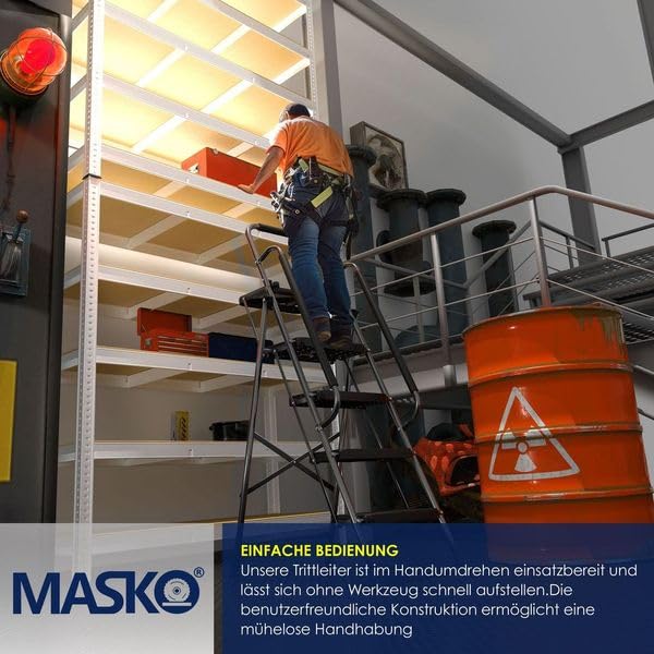 MASKO® Folding Step Ladder 4-step ladder with handrails, load capacity up to 150 kg, step stool with anti-slip feature, folding ladder + gloves, tool tray & automatic lock, black
