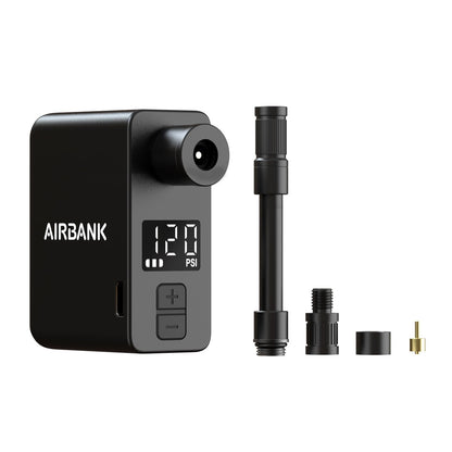 AIRBANK Electric Bike Pump Pocket PRO, 120PSI Mini Bike Inflator, cordless bike pump with rechargeable battery for Shrader and Presta valves.