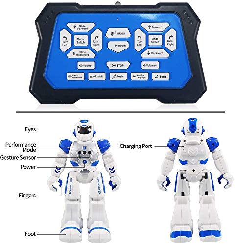 HUSAN Remote Control Robot for Kids, intelligent programmable robot with Infrared Controller toy, Dancing, Singing, Moonwalking, and LED eyes, Gesture Recognition Robot Kit (Blue)