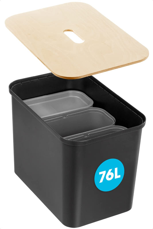 SmartStore Recycling Trash Can - 76L large kitchen bin with wooden lid, 3 x 13L bucket inserts, 2 x small lids - sturdy recycling bins for the kitchen - black kitchen bin (L x W x H) 57 x