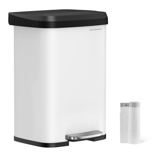 SONGMICS Kitchen Trash Can, 50L Garbage Bin, Metal Pedal Trash Can with Lid, Tall, Slim, and Spacious, White-Black LTB530W5002