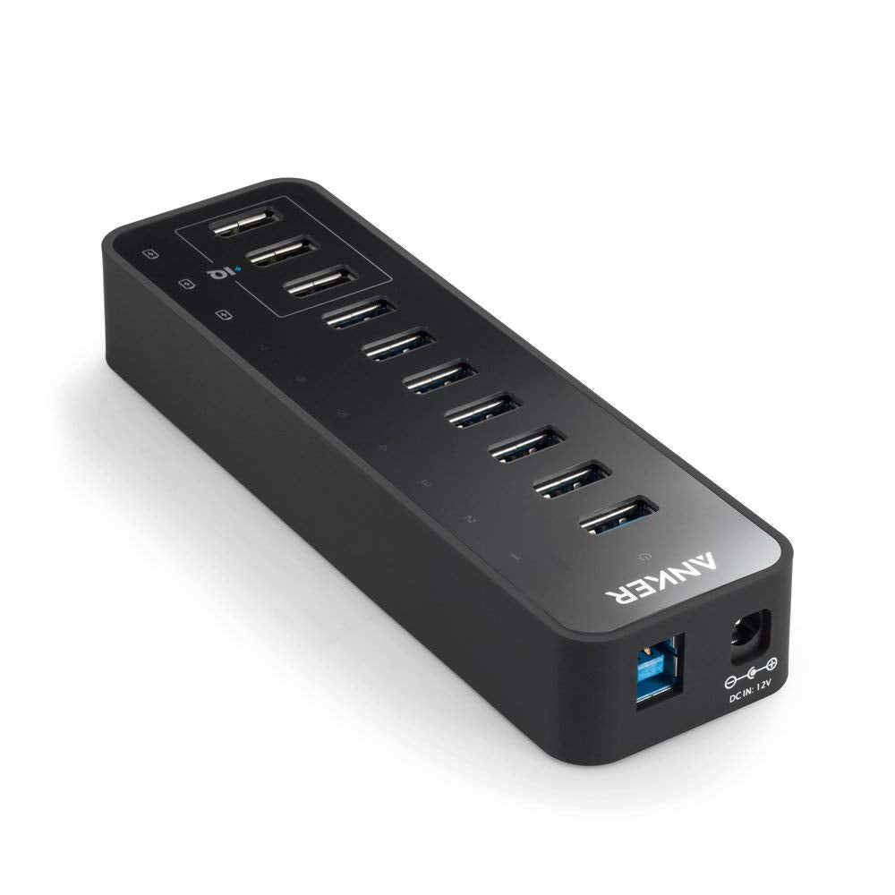 Anchor 10 Port 60W Data Hub USB 3.0 7-Port with 3 PowerIQ charging ports, compatible with MacBook, Mac Pro/Mini, iMac, XPS, Surface Pro, iPhone 7, 6s Plus, iPad Air 2, Galaxy Series, Mobile HDD, and more.