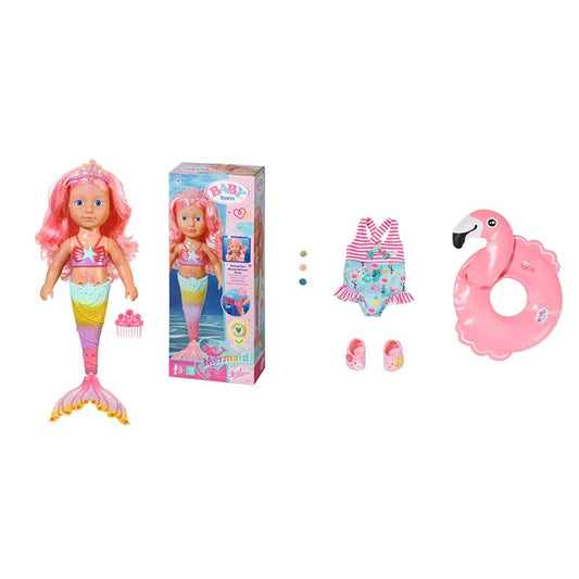 BABY Born Little Sister Mermaid 46 cm, waterproof mermaid doll Holiday Swim Fun, set for dolls with clogs, swim ring, and swimsuit, for 43 cm dolls, 831731 Zapf Creation