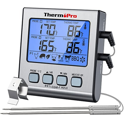 ThermoPro TP17 Digital Meat Thermometer with Dual Probe, Large LCD Backlight, Food Grill Thermometer with Timer Mode for Smoker, Kitchen, Oven, BBQ, Silver