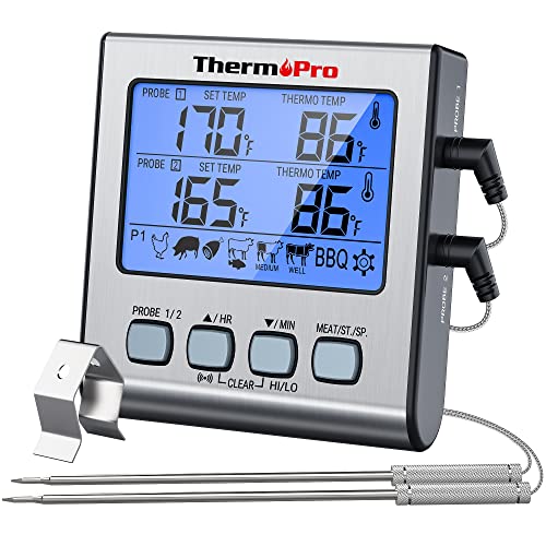 ThermoPro TP17 Digital Meat Thermometer with Dual Probe, Large LCD Backlight, Food Grill Thermometer with Timer Mode for Smoker, Kitchen, Oven, BBQ, Silver
