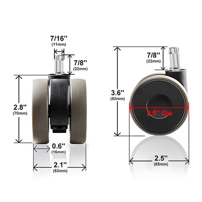 Office chair casters 11mm hard floor casters for office chairs 5-piece set replacement casters desk chair casters, rubber casters office chair for carpet and hardwood floors and tiles, office chair casters 65mm up to 300kg, Grey
