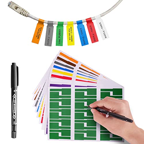 210 colorful cable labels with dual-tip marker, self-adhesive wire tags, printable on A4 sheet for laser printer and handwriting, cable organization.