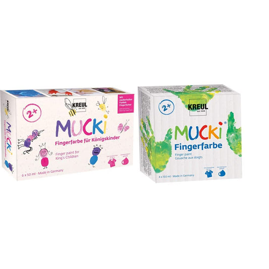 Kreul 23051 - Mucki finger paint for royal children, 6 x 50 ml & 2314 - Mucki vibrant finger paint, 4 x 150 ml in yellow, red, blue, and green, paraben-free, gluten-free, lactose-free, and vegan.