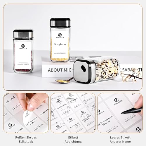 SIAZIH 12×120ml spice jars square, spice containers with snow white German labels, spice jars glass with rotatable spice hole lid, spice organizer for tidy storage of spices.