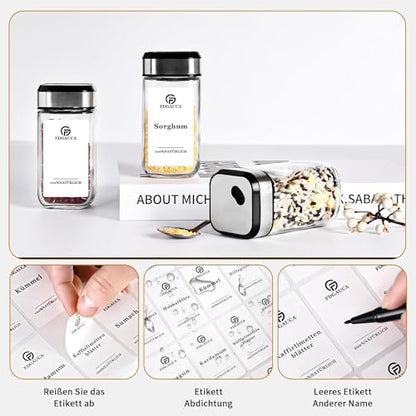 SIAZIH 12×120ml spice jars square, spice containers with snow white German labels, spice jars glass with rotatable spice hole lid, spice organizer for tidy storage of spices.