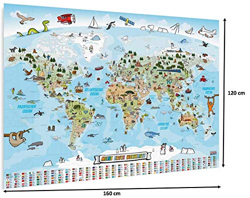 Panorama world map for kids XXXL - 160 x 120 cm Children's world map completely hand-drawn and colored.