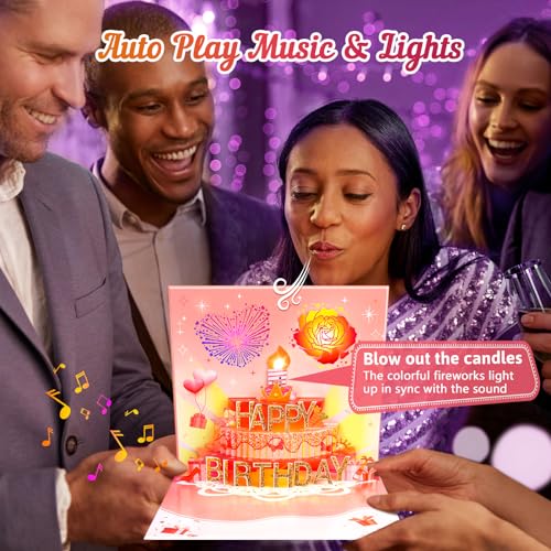 FitmiteCards birthday cards, musical pop-up birthday card with light and blowable candle, birthday gifts for women, men, husband, wife, sister, friends, children.