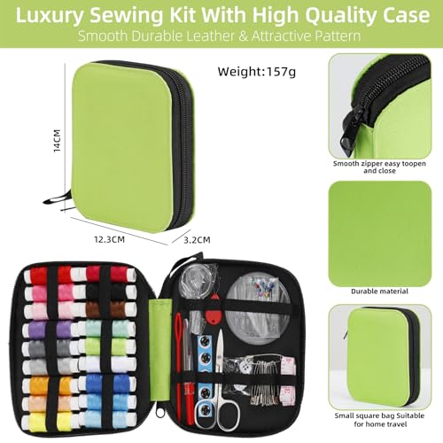 JUNING sewing kit with sewing accessories, thread spools, large format premium sewing, complete sewing tools for beginners, travelers, relatives, and friends, green.
