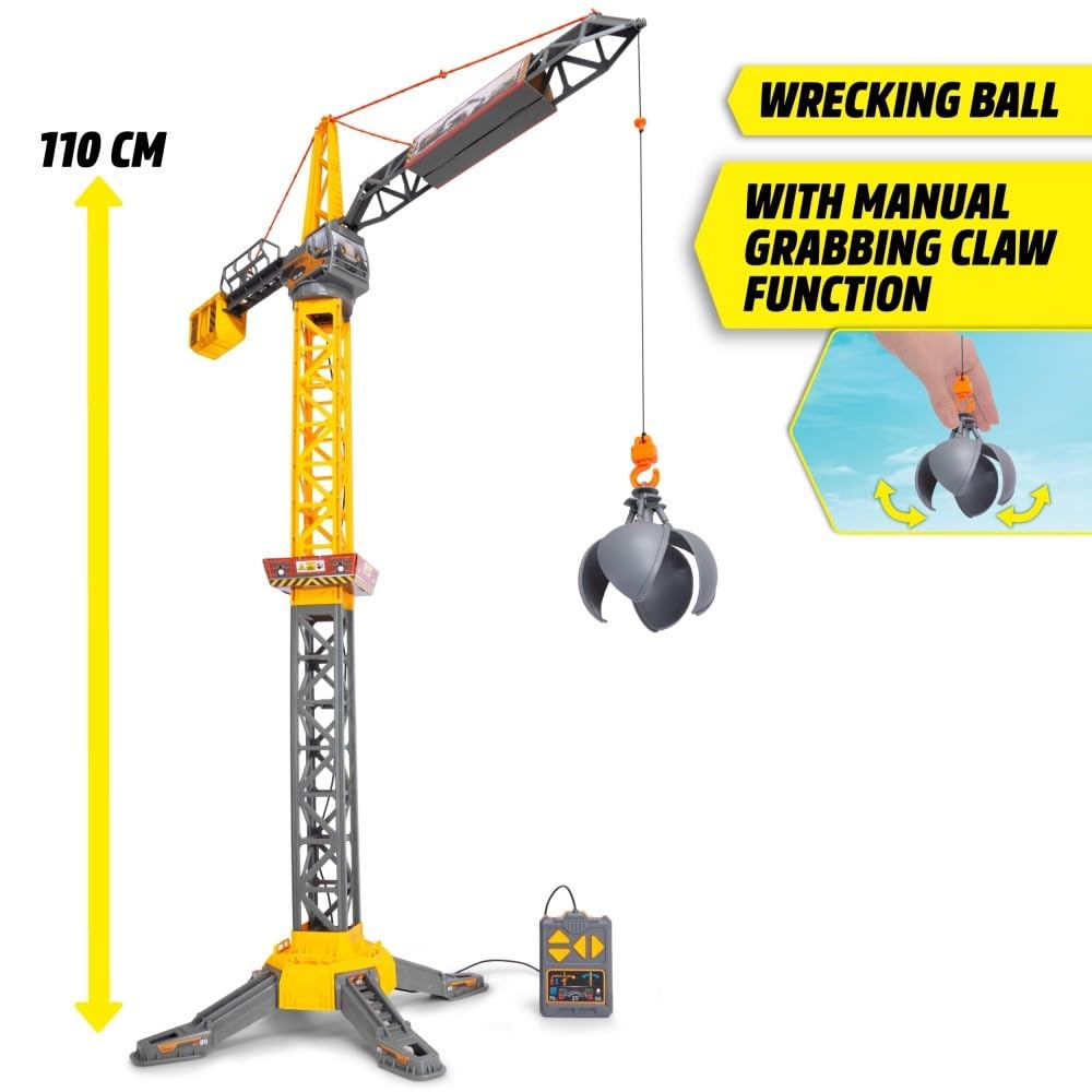 Dickie Toys - Mighty Crane (110 cm) - large toy crane with 360° rotation & wrecking ball including grip function, play crane for children aged 3 years and older with cable remote control.
