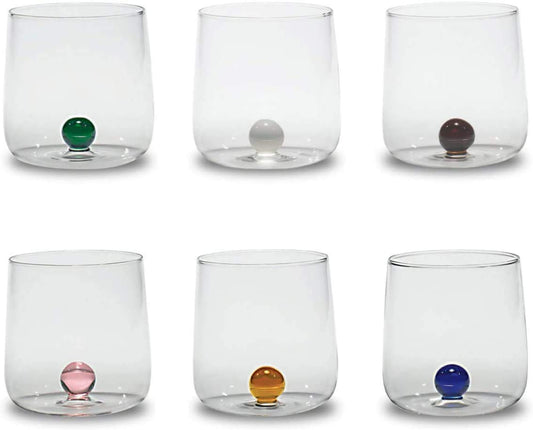 Saffron Bilia Glass Tumbler - Handmade transparent glass, decorated with colorful glass bead inside, cl 44 h 90mm d 88mm - Set of 6 pieces - Assorted colors.