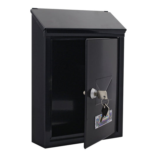 Profirst Mail PM 400 mailbox in black-grey steel with cylinder lock, 2 keys, viewing window, name tag holder, dual entry, and mounting material included.