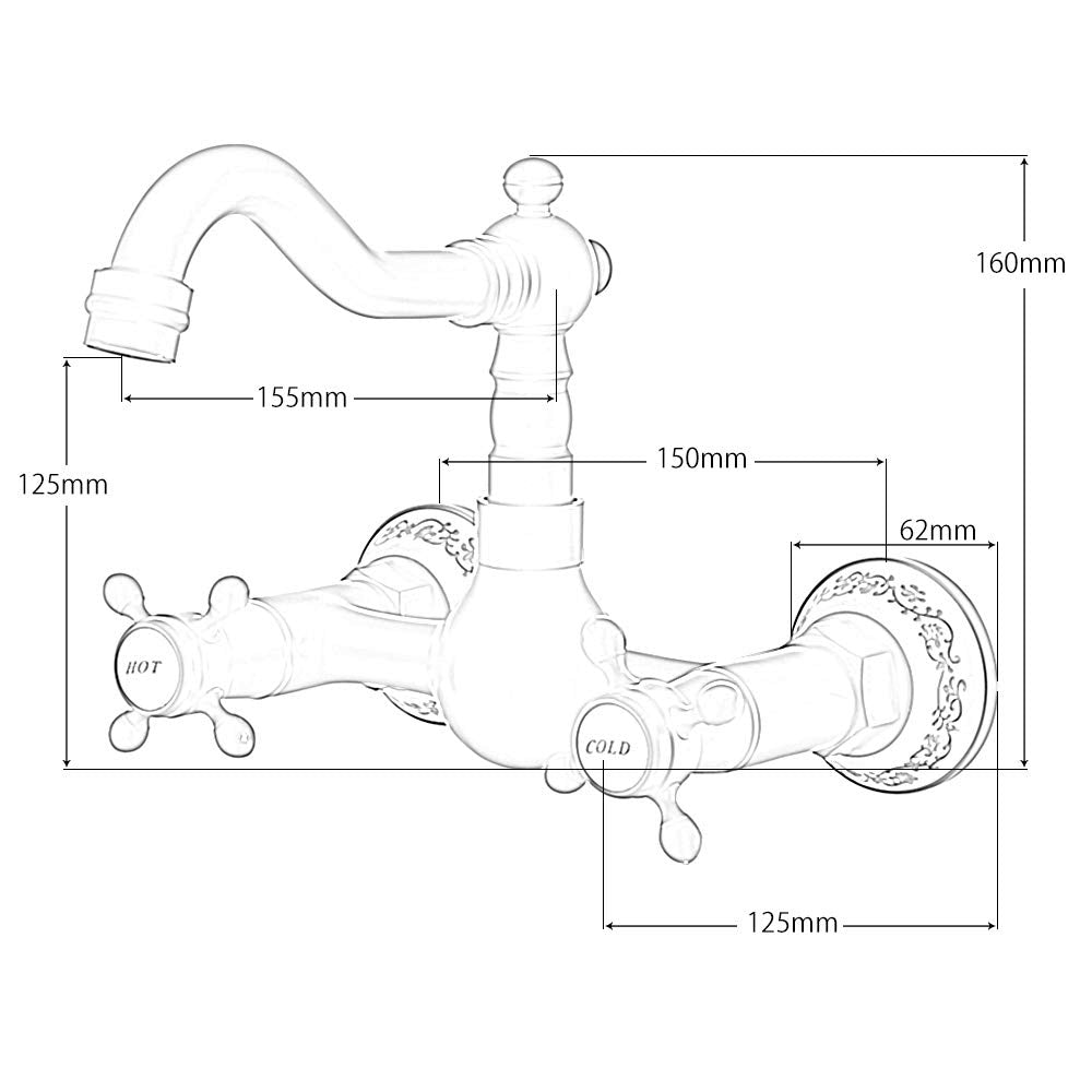 360° Rotatable Wall Mount Kitchen Faucet Brass Antique Wall Mounted Double Handle Sink Faucet Basin Faucet Water Tap Wall Bathroom Faucet Retro Basin Mixer for Kitchen (Black)