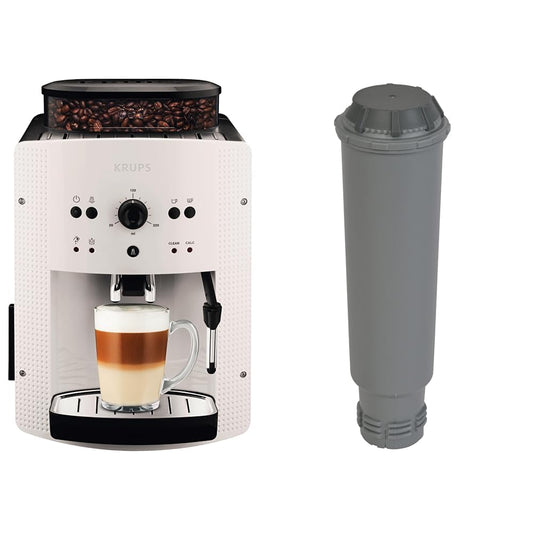 Krups EA8105 Fully Automatic Coffee Machine, Automatic Cleaning, 2-Cup Function, Coffee Maker in White & F 088 01 Water Filter for all Orchestro Models Espresso/Coffee Machine Accessories