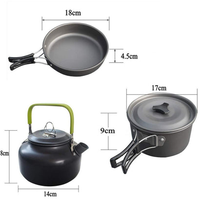 JZK Camping Cookware Set for 2-3 People, Foldable Camping Pot Set with Pot, Pan, and Teapot, Aluminum, for Outdoor Picnics, Camping, and Hiking.