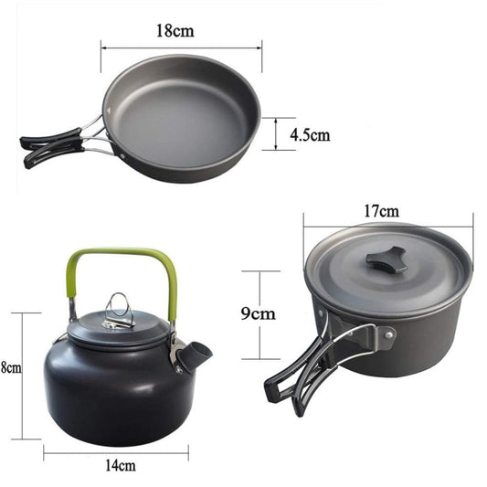 JZK Camping Cookware Set for 2-3 People, Foldable Camping Pot Set with Pot, Pan, and Teapot, Aluminum, for Outdoor Picnics, Camping, and Hiking.