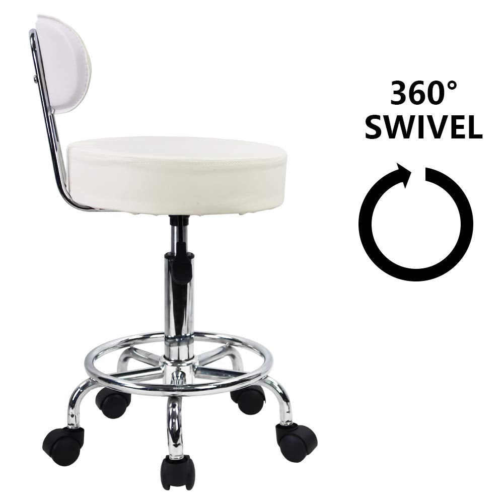 KKTONER Rolling Stool Office Chair, height adjustable, swivel stool with low backrest and footrest, made of white PU leather.