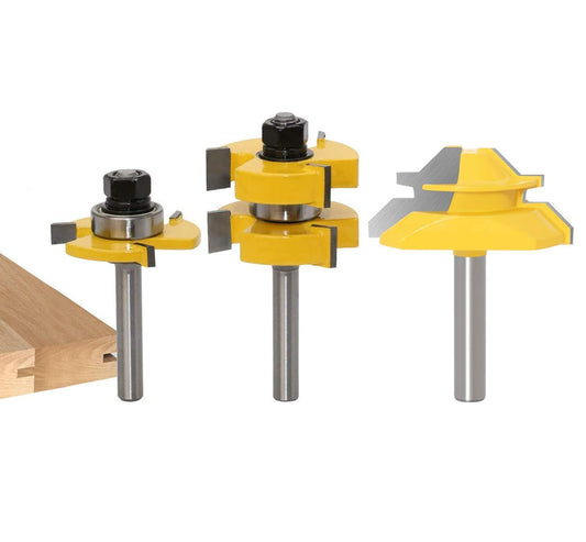 45 Degree Lock Mitre Router Bit Set, including 8mm Shank Tongue and Groove Router Bit Set with 3 Teeth Cutter for woodworking.