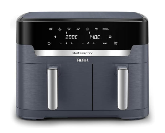 Tefal Dual Easy Fry XXL double-chamber hot air fryer, 11 liter capacity, 6.5L drawer and 4.5L drawer, no additional oil needed, 7 programs, dishwasher safe, grey, EY942BE0