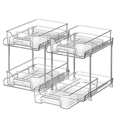 DEKAVA Under Desk Organizer, 2 Pieces, Bathroom Cabinet Organizer, 2 Layers, Sliding Door Basket, Drawer, Multi-purpose Bathroom Storage Baskets for Bathroom (Transparent)