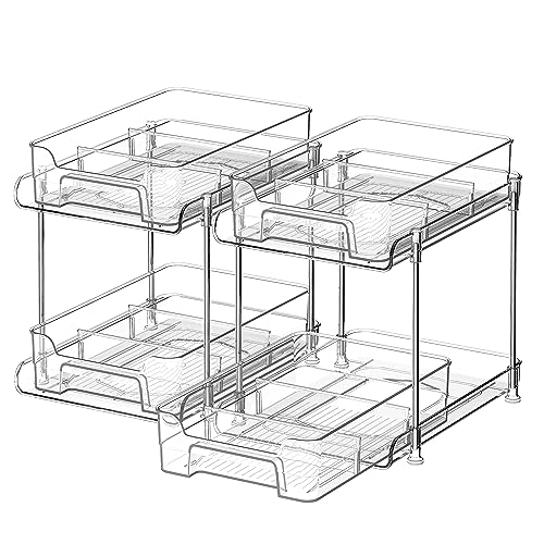 DEKAVA Under Desk Organizer, 2 Pieces, Bathroom Cabinet Organizer, 2 Layers, Sliding Door Basket, Drawer, Multi-purpose Bathroom Storage Baskets for Bathroom (Transparent)