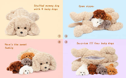 MorisMos XXL dog plush toy with 4 babies in the belly, large dog stuffed animal cuddly toy, giant dog pillow toy gift