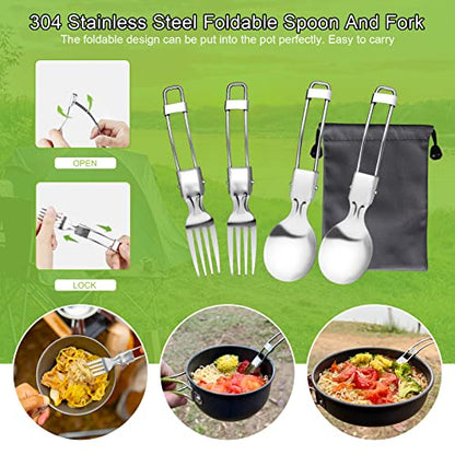 AUTOPkio Camping Cookware Set, 14-Piece Camping Pots Outdoor Cooking Pot with 0.8L Teapot 2 Cups Foldable Utensils Aluminum Picnic Pot for 2-3 People Hiking BBQ (Set with Cups)
