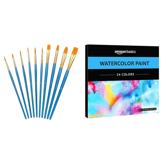 Amazon Basics - Set of 10 artist brushes, blue + watercolor paints in tubes, 24 colors.