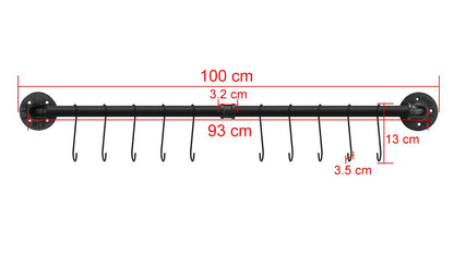 Toplife kitchen hook rack 100 cm, black hanging bar with 16 hooks, pole for kitchen utensils.