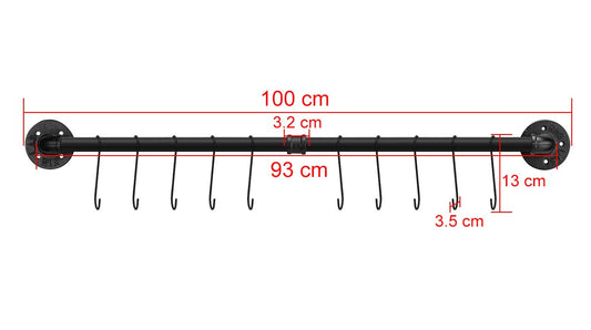 Toplife kitchen hook rack 100 cm, black hanging bar with 16 hooks, pole for kitchen utensils.