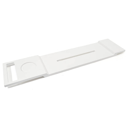Pampeliška Premium bathtub tray in white with bamboo towel holder. Includes e-book/smartphone/tablet holder, wine glass holder, and candle holder. A luxurious addition to your bath time.
