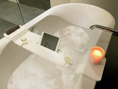 WENKO bathtub tray Matera with practical storage space for tablet, glasses, and bath accessories, spacious bathtub caddy for a relaxing bath, made of polyresin, dimensions: 94 x 5 x 20 cm, White