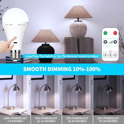 USB-C Rechargeable Bulb With Remote Control, 7W E27 Smart Battery Bulb, Touch Control Dimmable LED Bulbs With Timing Function, Outdoor Camping Emergency Light With Hook, 6500k/2 pack