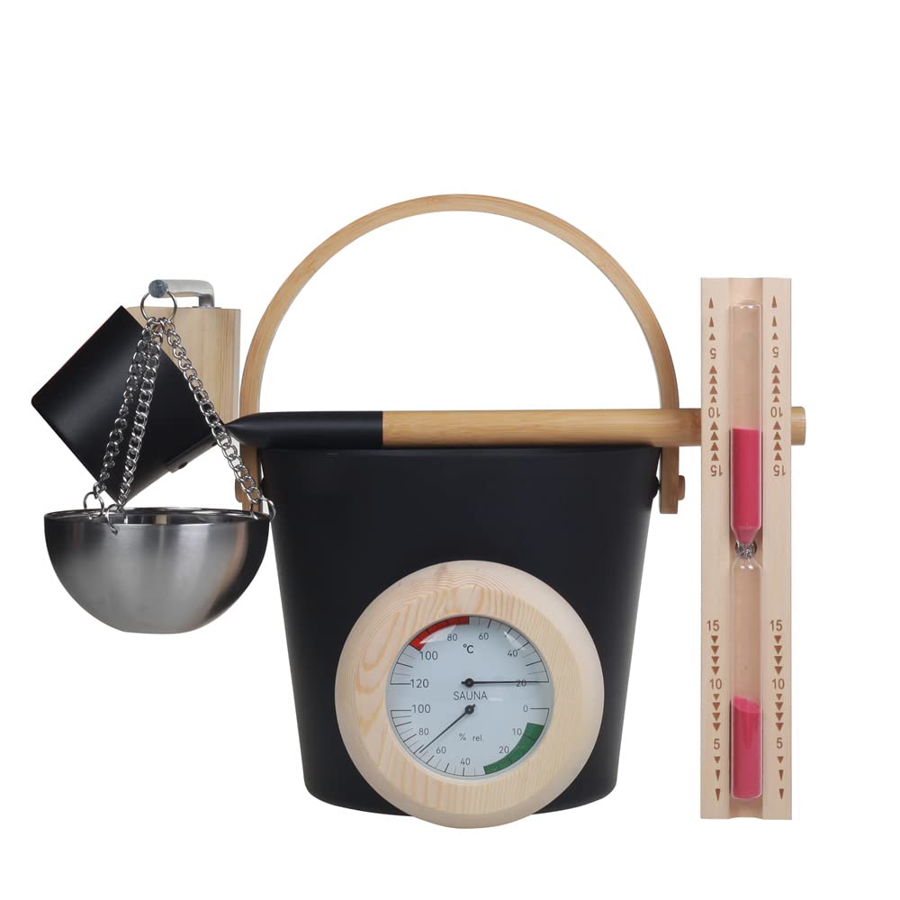 Sauna enthusiast sauna accessory set, 5-piece, 5L aluminum bucket, ladle, 15min hourglass, rounded thermometer-hygrometer, sauna aromatherapy bowl