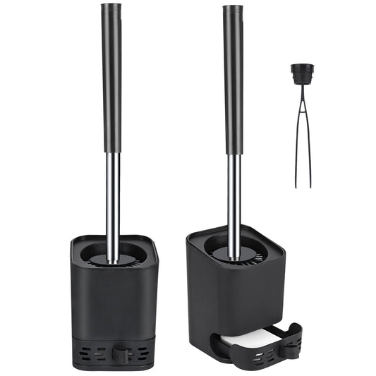 Glowbal Toilet Brush - Set of 2 silicone toilet brushes with holder for bathroom or guest bathroom, can be mounted on wall or stand, black